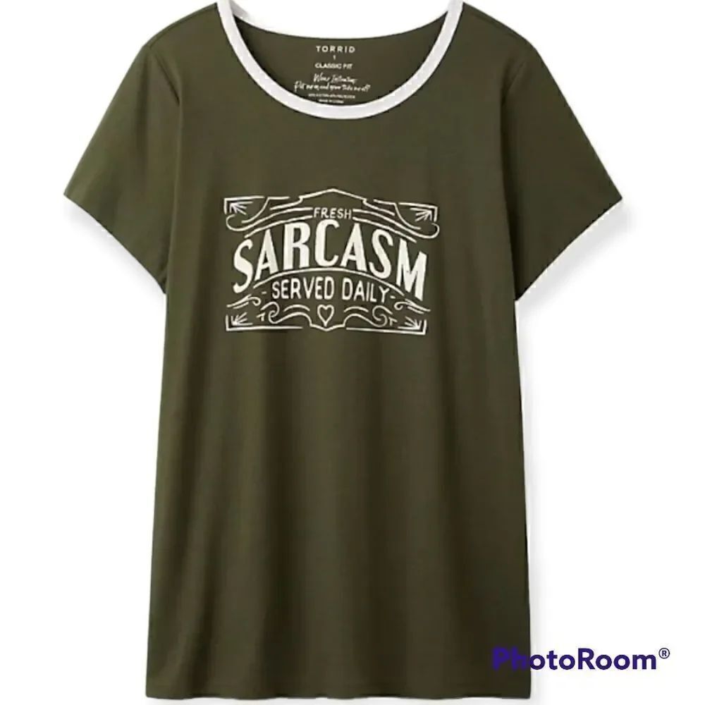 00X Medium 10W Torrid Olive Green Sarcasm Served Daily Ringer Tee Funny Gift